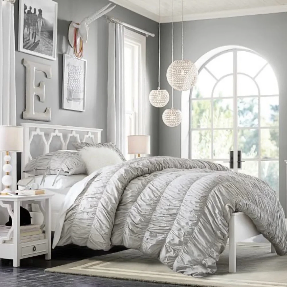 Pottery Barn‎ Teen Gray Ruched Full / Queen Duvet Cover College Dorm